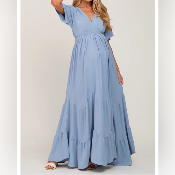 Pink blush Maternity Blue Deep V-Neck Maternity Maxi Dress - Picture 1 of 8